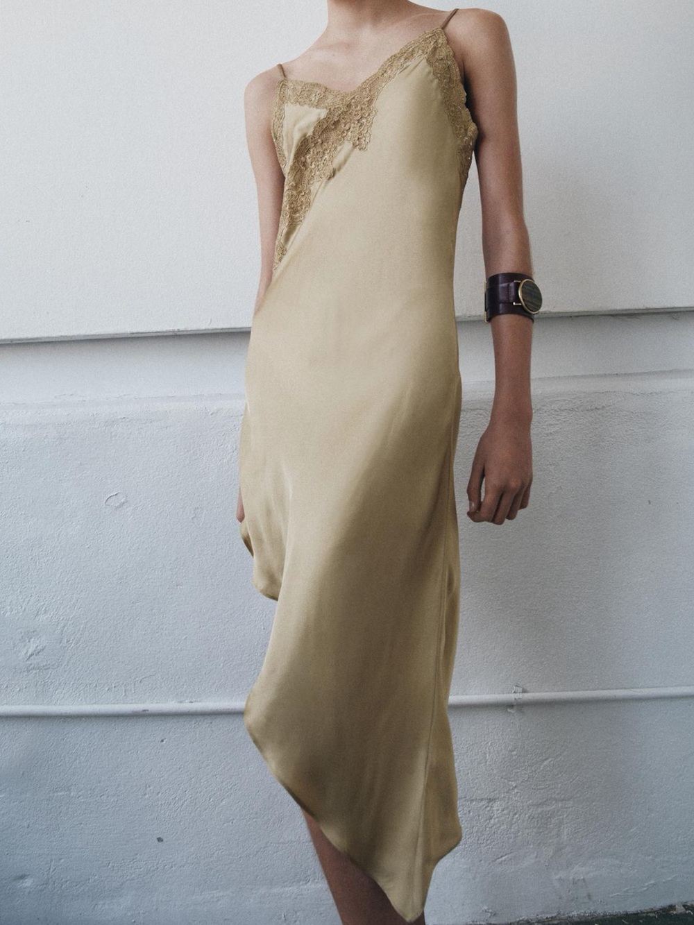 Zara Gold Lace-Trim Slip Dress